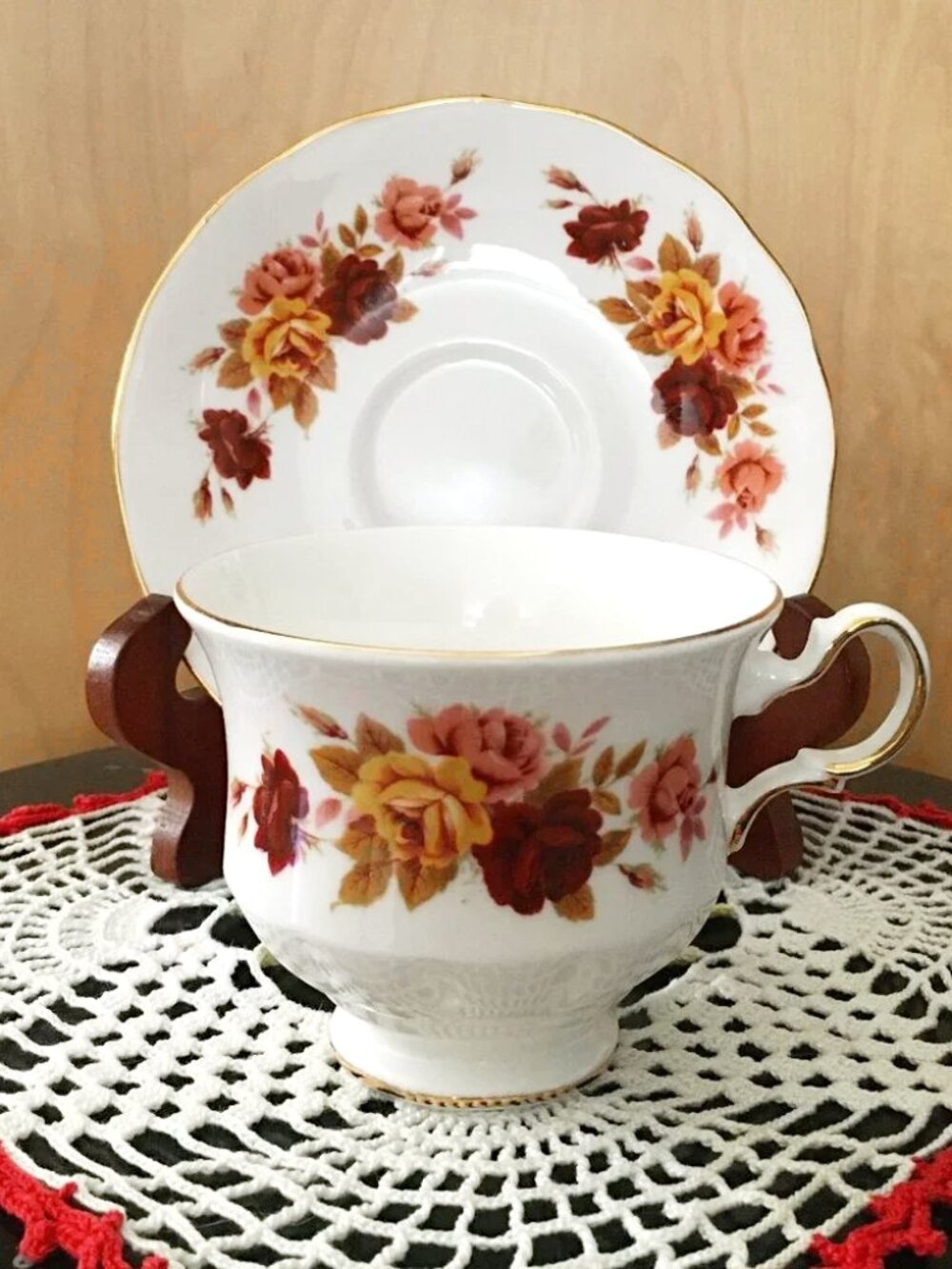 Queen Anne England Bone China Tricolour Rose Teacup Saucer Autumn Dream
